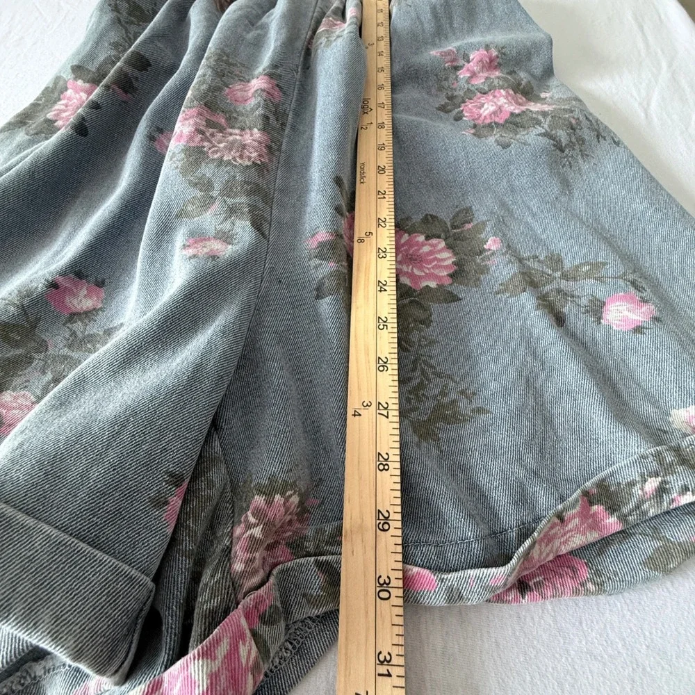 BIB! Floral Denim Shortalls Women XL Blue Pink Rose Print 100% Cotton NWT